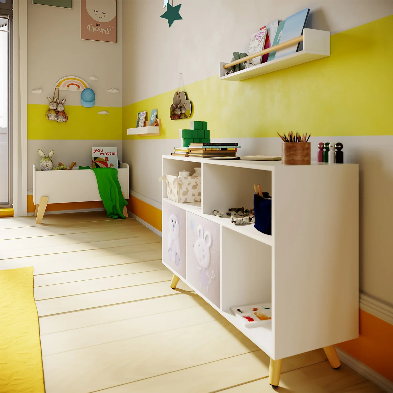 Kids Tray Storage Shelf - White & Natural 3 Kids Tray Storage Shelf - White & Natural - Image 3