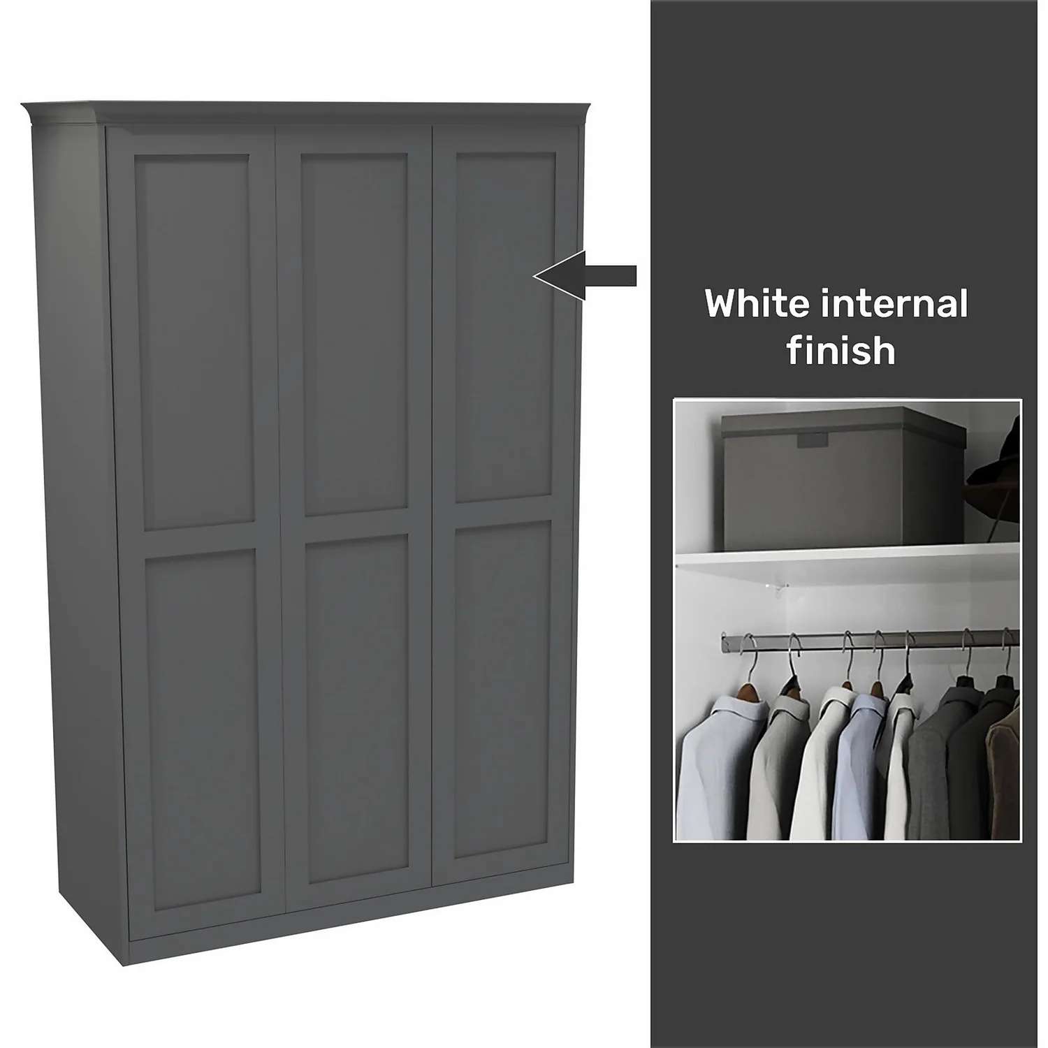 House Beautiful Realm Fitted Look Triple Wardrobe, White Carcass - Carbon Grey Shaker Doors (W) 1451mm X (H) 2256mm 1 House Beautiful Realm Fitted Look Triple Wardrobe, White Carcass - Carbon Grey Shaker Doors (W) 1451mm X (H) 2256mm